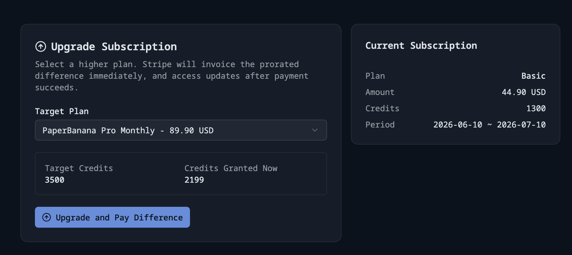 The upgrade page lets you select a higher target plan and shows the current subscription beside it.